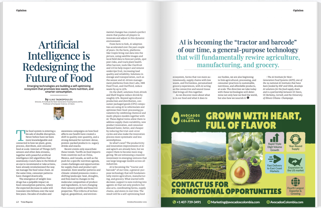Magazine spread with article title, Artificial Intelligence is Redesigning the Future of Food